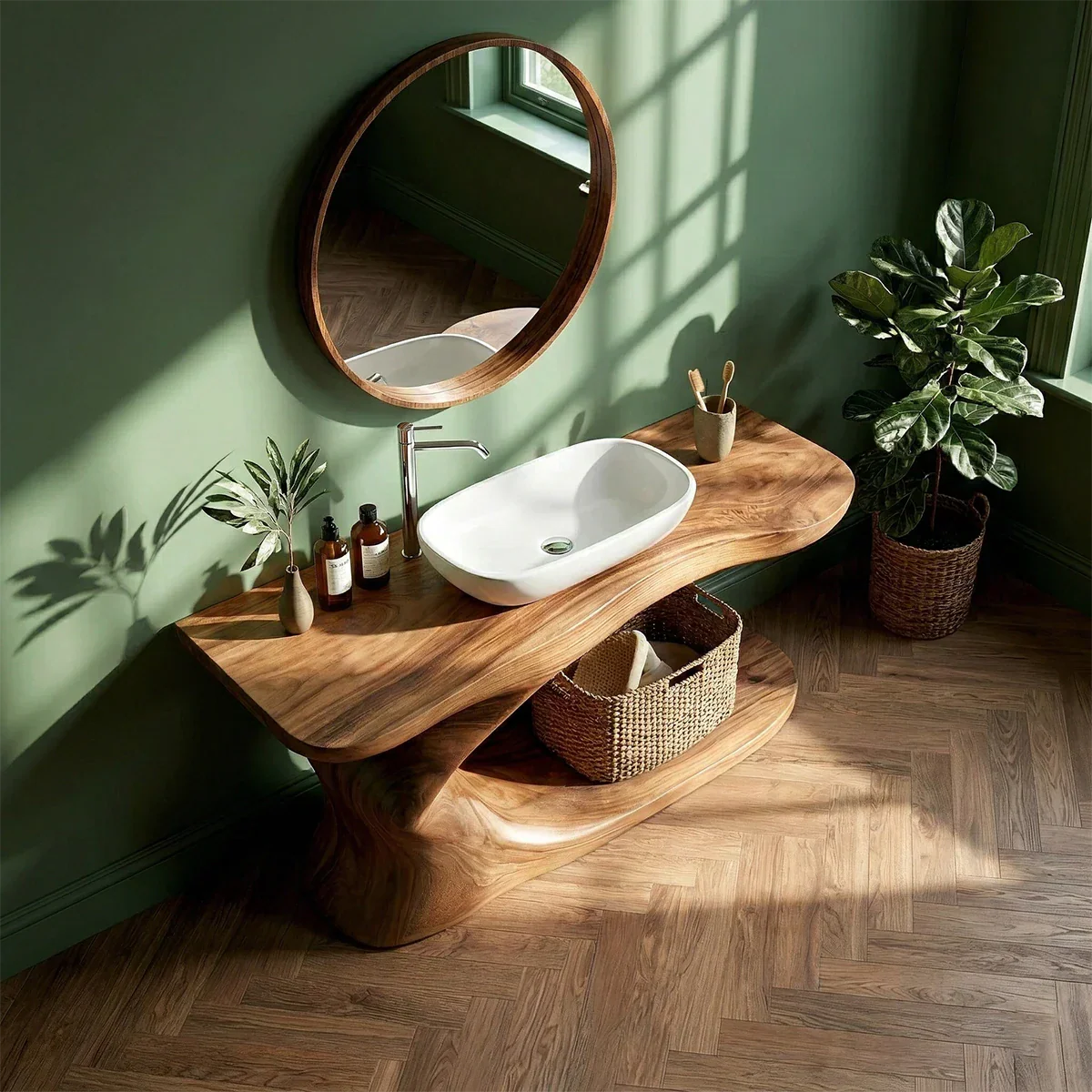 Elegant brown wooden vanity with flowing wood base
