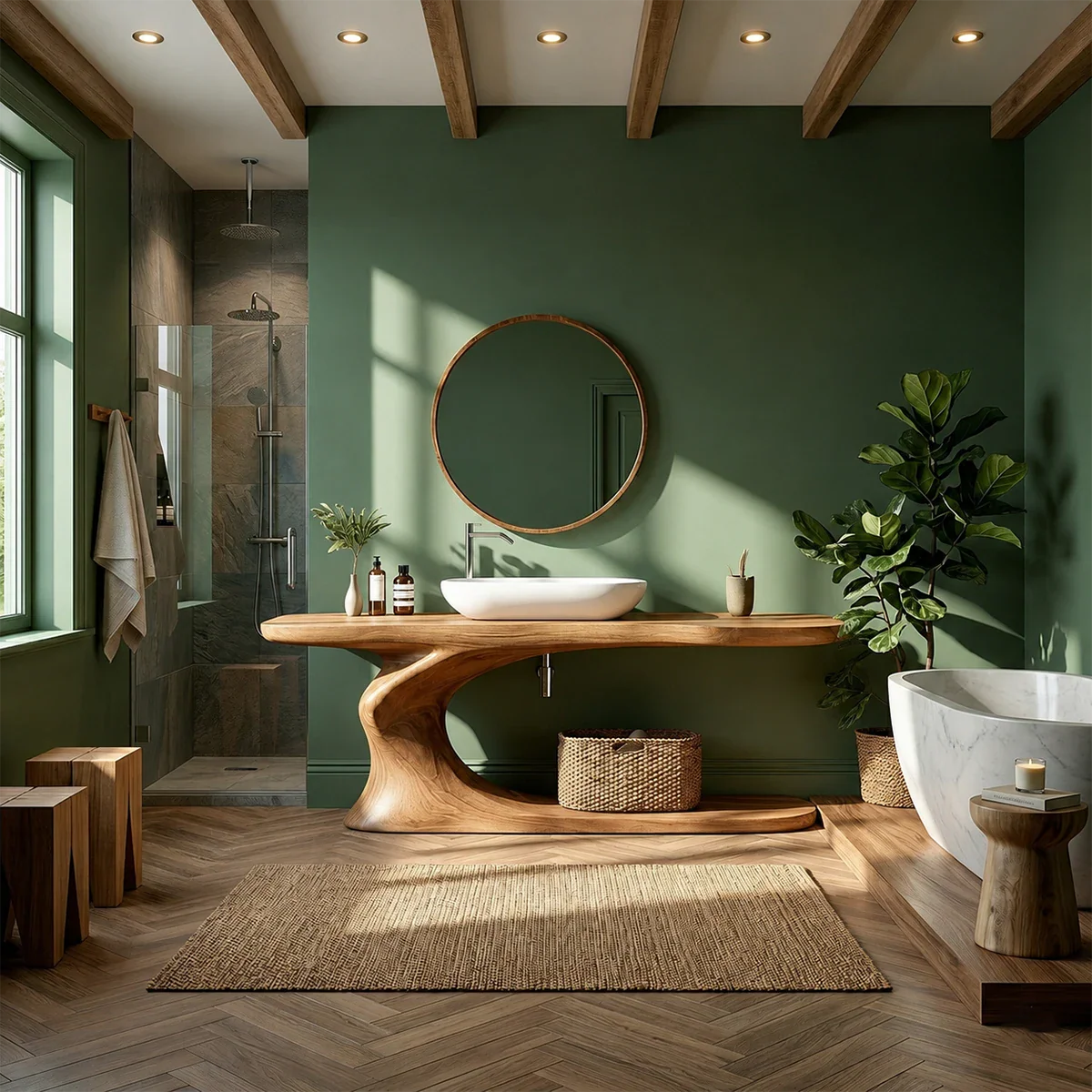 Organic Sculpted Bathroom Vanity Natural Solid Wood Open Base