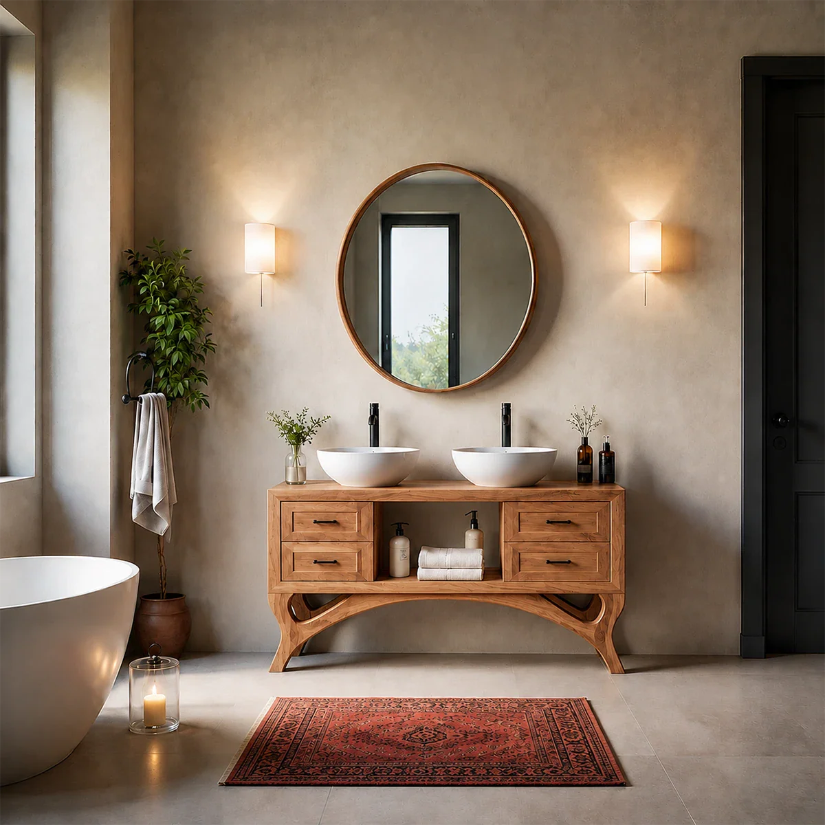 Curved Leg Double Sink Bathroom Vanity Natural Solid Wood Modern