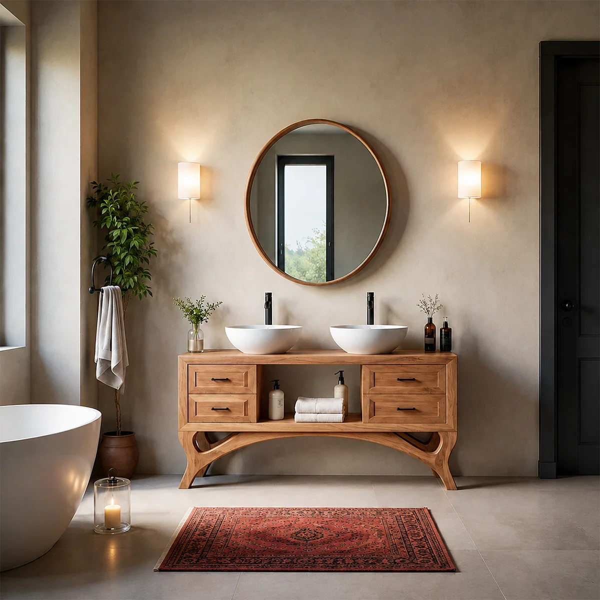 Curved Leg Double Sink Bathroom Vanity Natural Solid Wood Modern