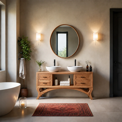 Curved Leg Double Sink Bathroom Vanity Natural Solid Wood Modern