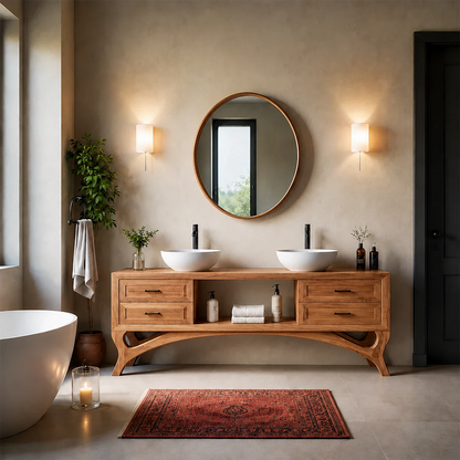 Curved Leg Double Sink Bathroom Vanity Natural Solid Wood Modern