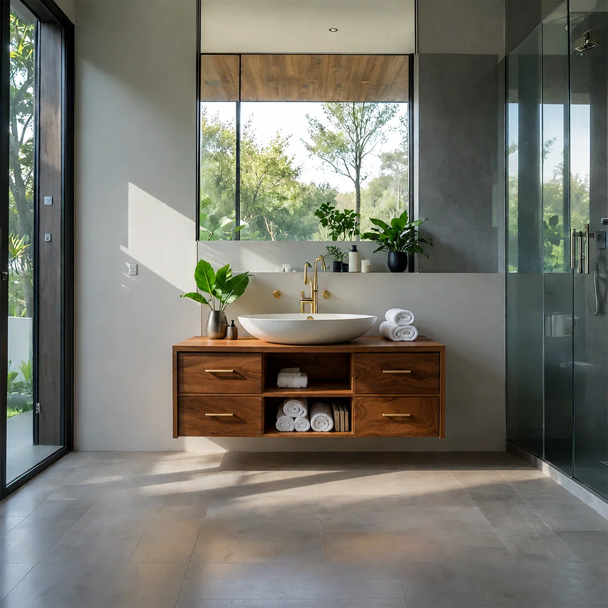 Minimalist Floating Natural Solid Wood Bathroom Vanity With Open Shelf Storage