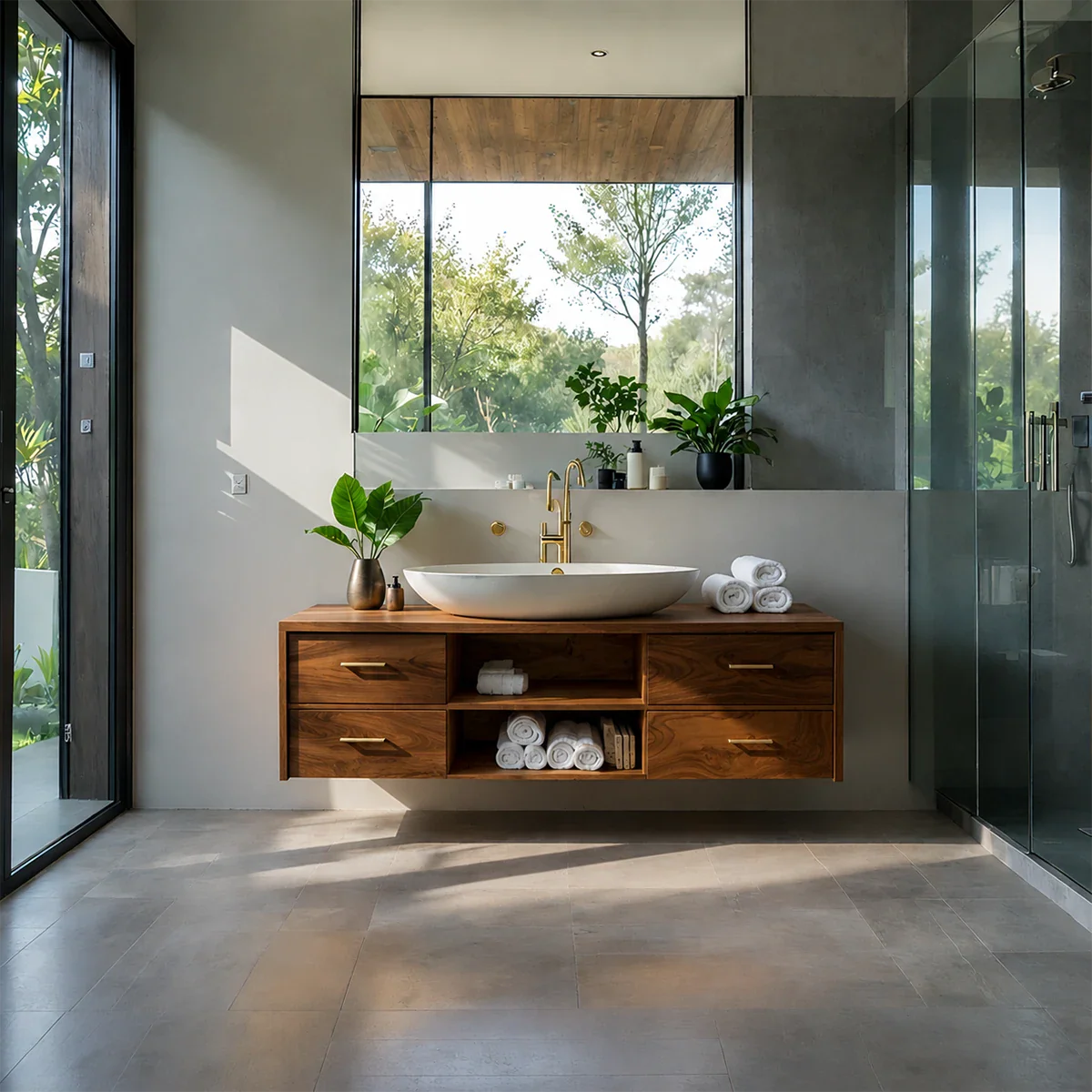 Minimalist Floating Natural Solid Wood Bathroom Vanity With Open Shelf Storage