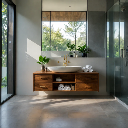 Minimalist Floating Natural Solid Wood Bathroom Vanity With Open Shelf Storage