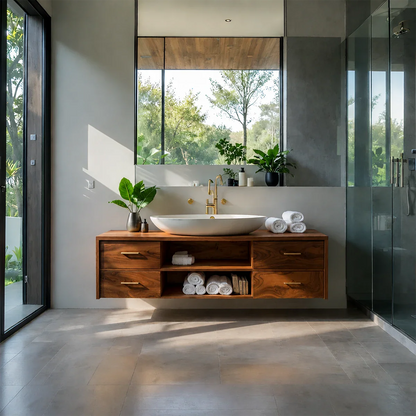 Minimalist Floating Natural Solid Wood Bathroom Vanity With Open Shelf Storage