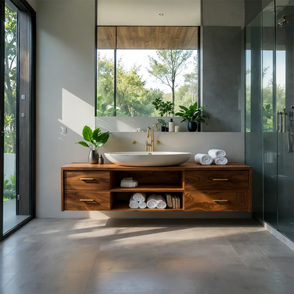 Minimalist Floating Natural Solid Wood Bathroom Vanity With Open Shelf Storage