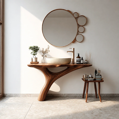 Organic Sculptural Bathroom Vanity Natural Solid Wood Curved Base