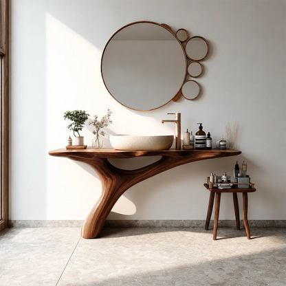 Organic Sculptural Bathroom Vanity Natural Solid Wood Curved Base