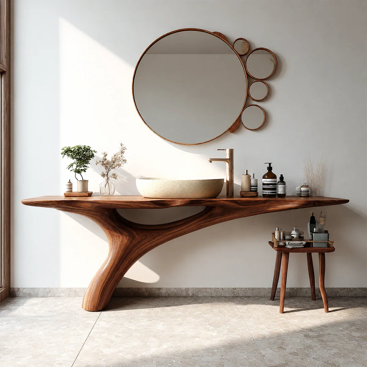 Organic Sculptural Bathroom Vanity Natural Solid Wood Curved Base