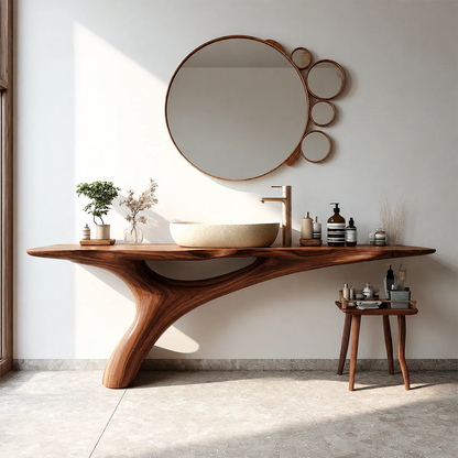 Organic Sculptural Bathroom Vanity Natural Solid Wood Curved Base