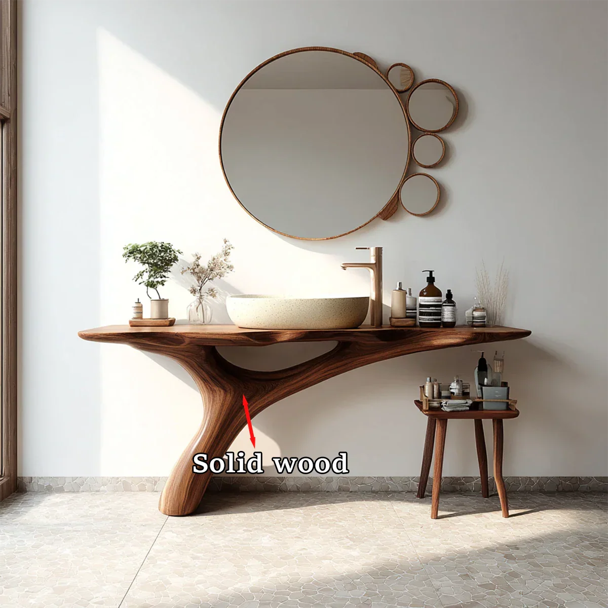 Modern spa bathroom with solid walnut sink cabinet and organic design.