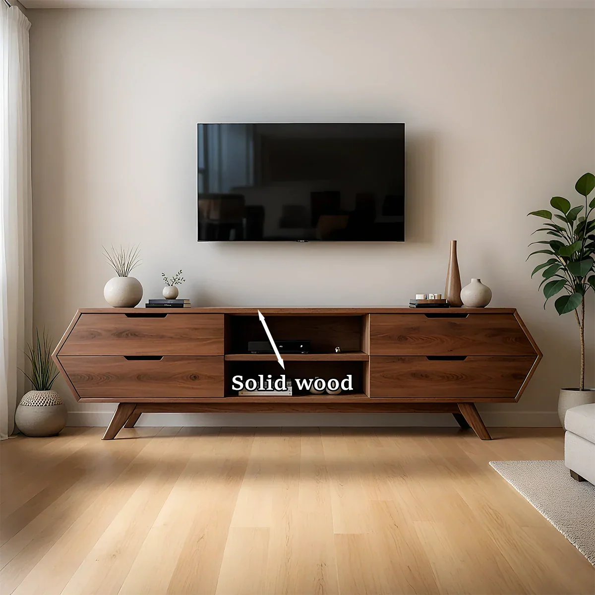 Walnut tone TV stand with low profile design and balanced modern look in a bright space