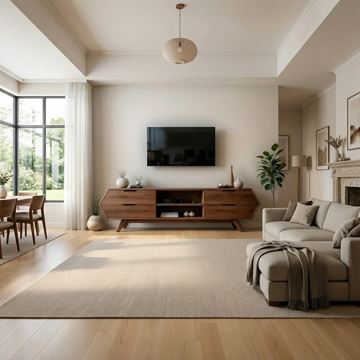 Modern TV stand in walnut tone with flowing grain pattern and low profile in a bright interior