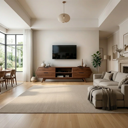 Modern TV stand in walnut tone with flowing grain pattern and low profile in a bright interior