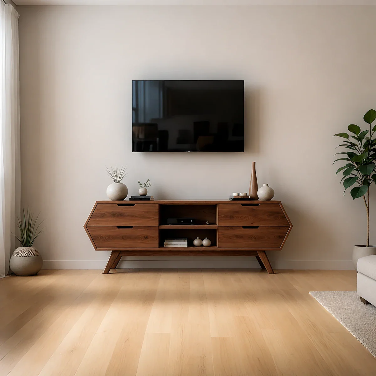 Geometric Angular TV Stand Solid Wood Storage Console Open Shelf