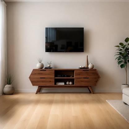 Geometric Angular TV Stand Solid Wood Storage Console Open Shelf