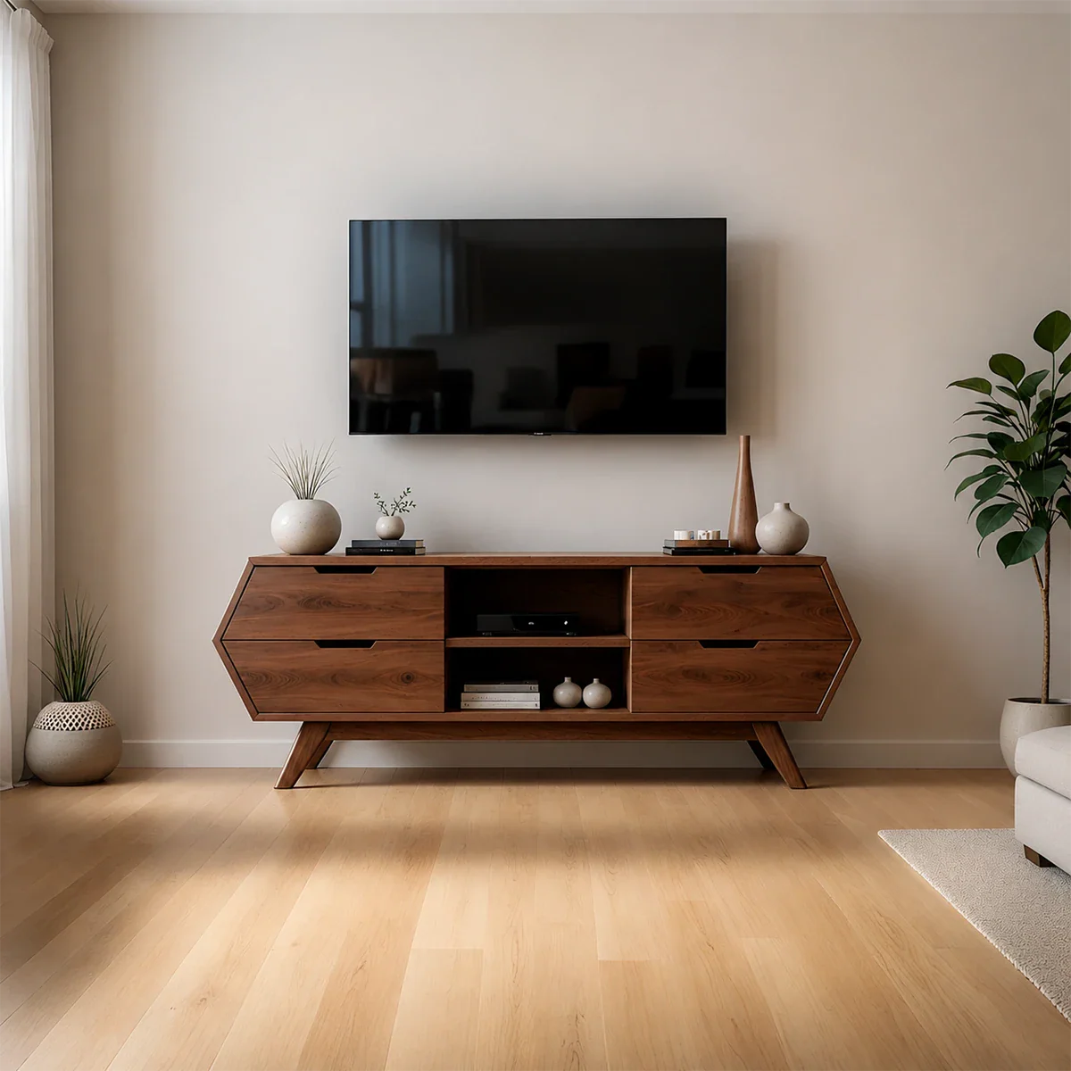 Geometric Angular TV Stand Solid Wood Storage Console Open Shelf