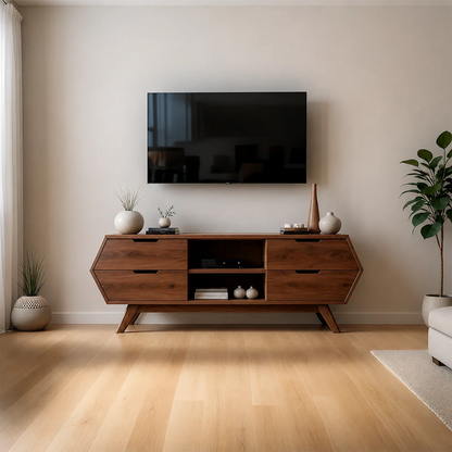 Geometric Angular TV Stand Solid Wood Storage Console Open Shelf