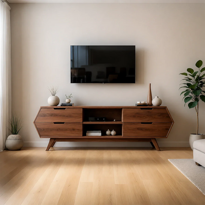 Geometric Angular TV Stand Solid Wood Storage Console Open Shelf