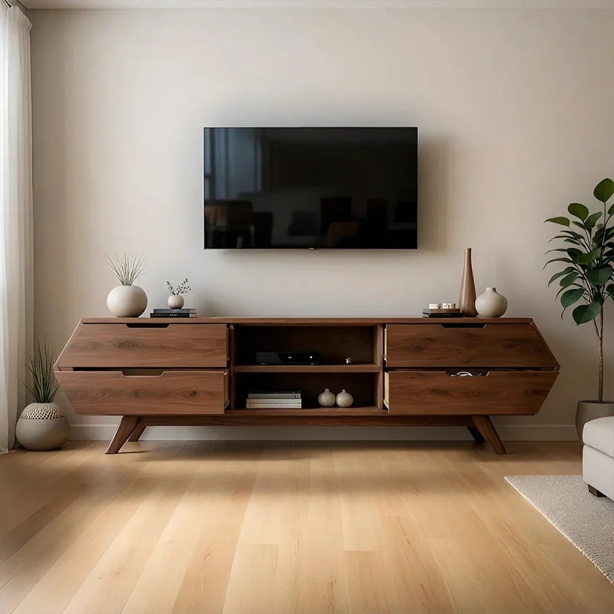 TV stand in walnut tone with clean silhouette and flowing grain pattern in a neutral interior