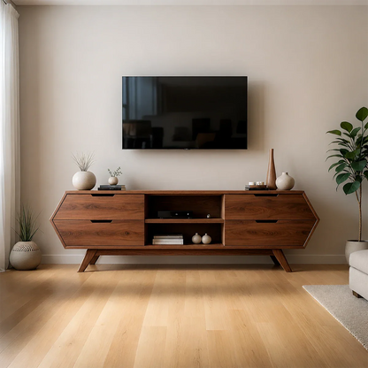 Geometric Angular TV Stand Solid Wood Storage Console Open Shelf