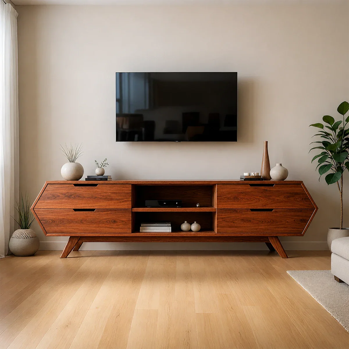 Brown tone TV stand with minimal form and smooth finish in a contemporary living room