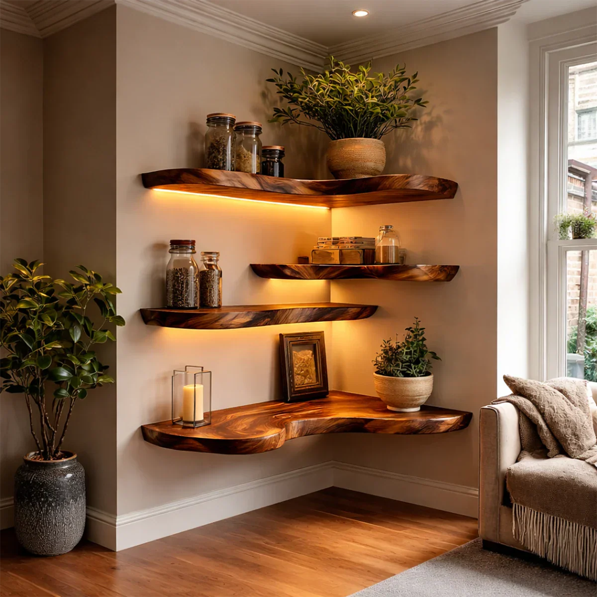 Decorative corner floating shelves designed with handcrafted slab detail and polished oak tone finish