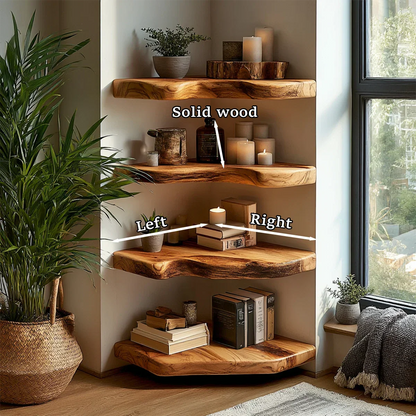 Space saving corner shelving unit designed with natural slab profile and oak tone finish