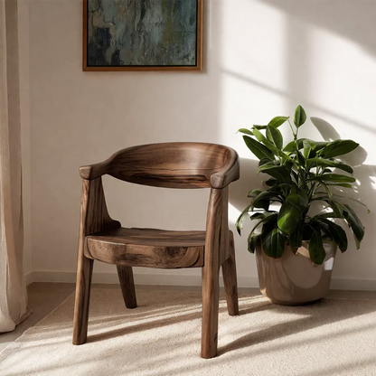 Curved back wooden chair with armrests brings balance and warmth to contemporary interiors