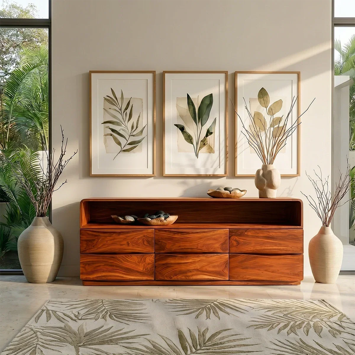 Minimalist sideboard console with sleek open shelving and seamless curved detailing