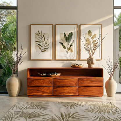Minimalist sideboard console with sleek open shelving and seamless curved detailing
