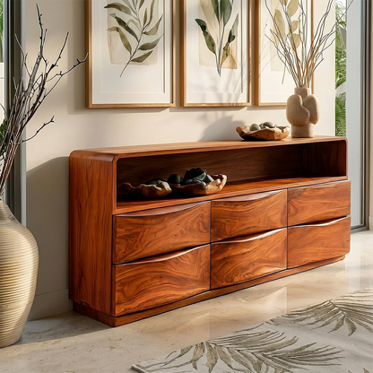 Elegant storage credenza with soft rounded corners and practical multi drawer layout