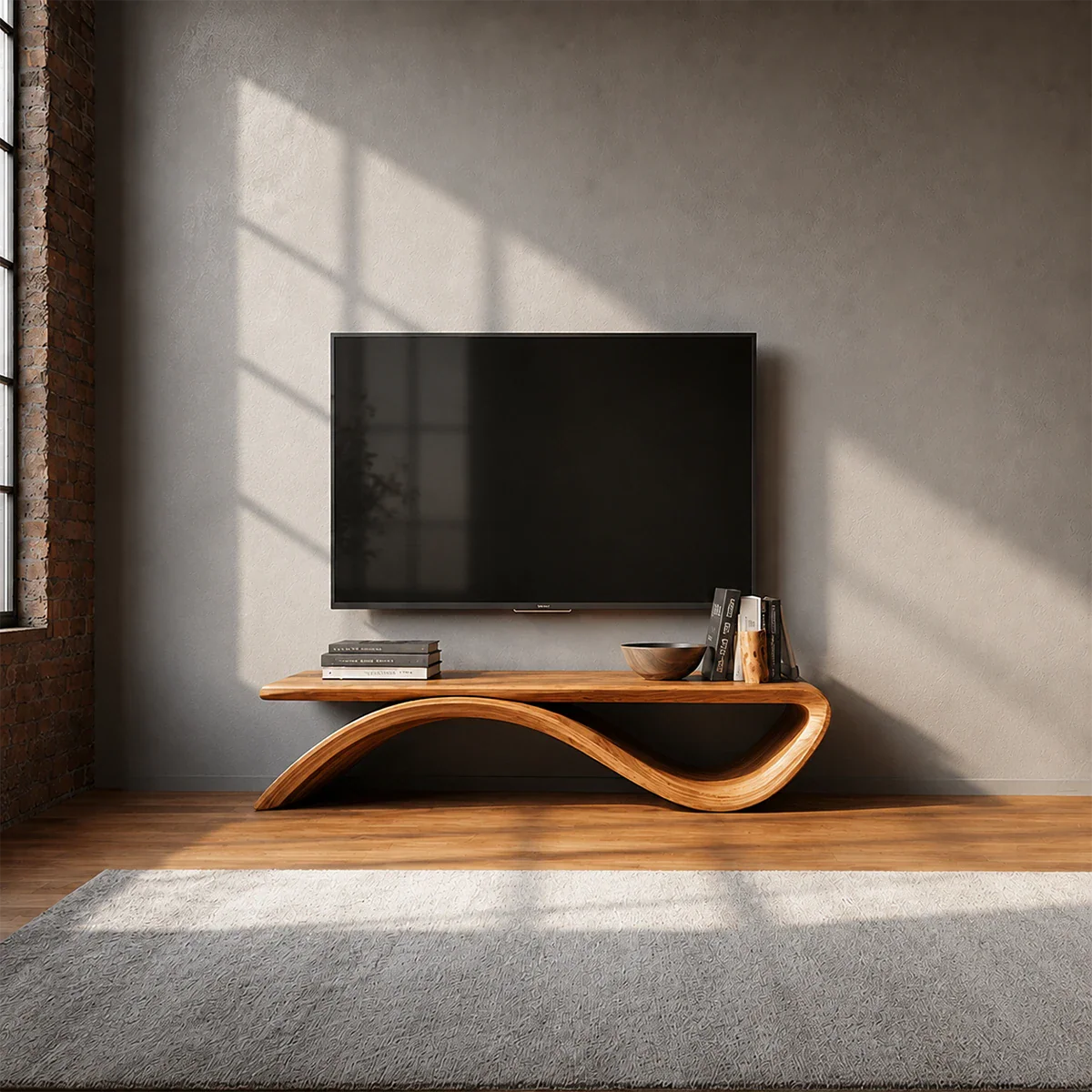 Sculptural Wave Natural Solid Wood TV Stand with Open Base Design