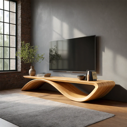 Artistic TV stand with fluid curves and natural wood look for contemporary home décor