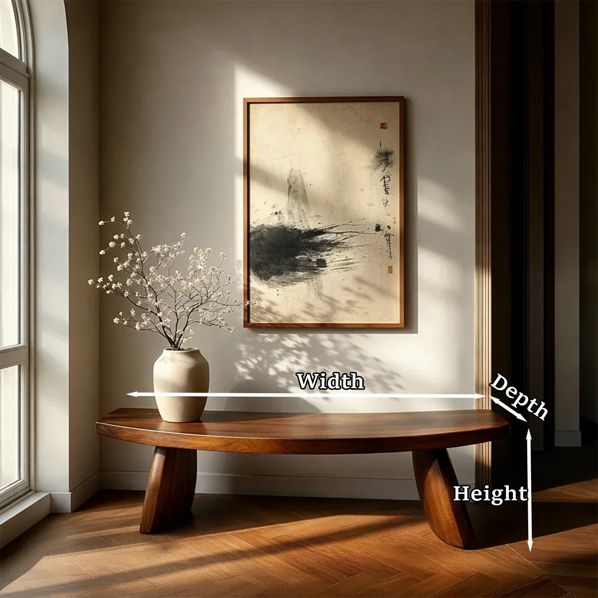 Low profile hallway bench designed with curved silhouette and smooth walnut tone finish