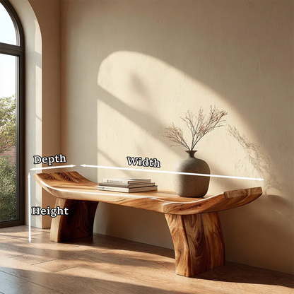 Statement hallway bench displaying handcrafted slab styling and refined brown tone finish