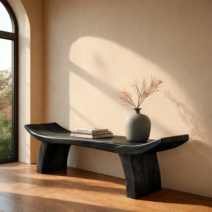 Decorative modern bench featuring natural slab contour and polished black tone finish