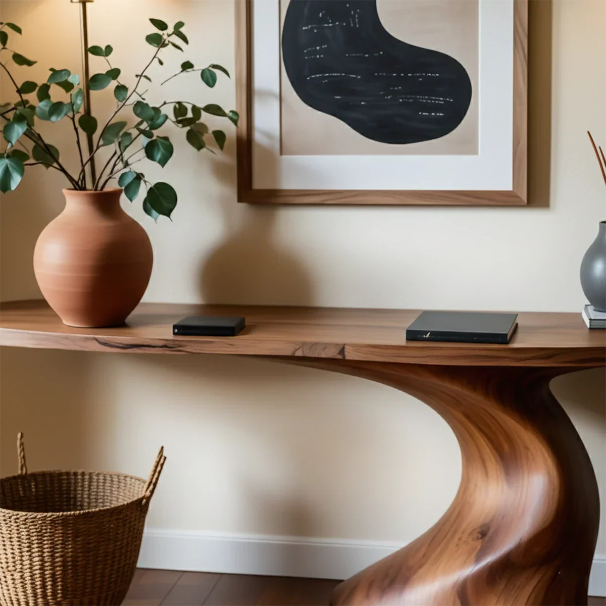 In this inviting space, a curved wood console table creates a smooth and artistic focal point