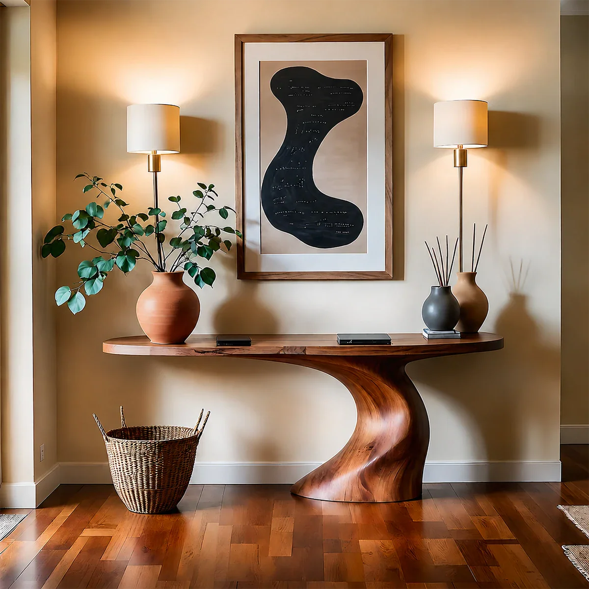 Organic Curve Console Table in Natural Solid Wood for Entryway