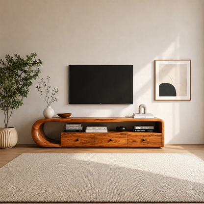 Wooden TV stand with a television and decorative items in a room with a rug and plant.