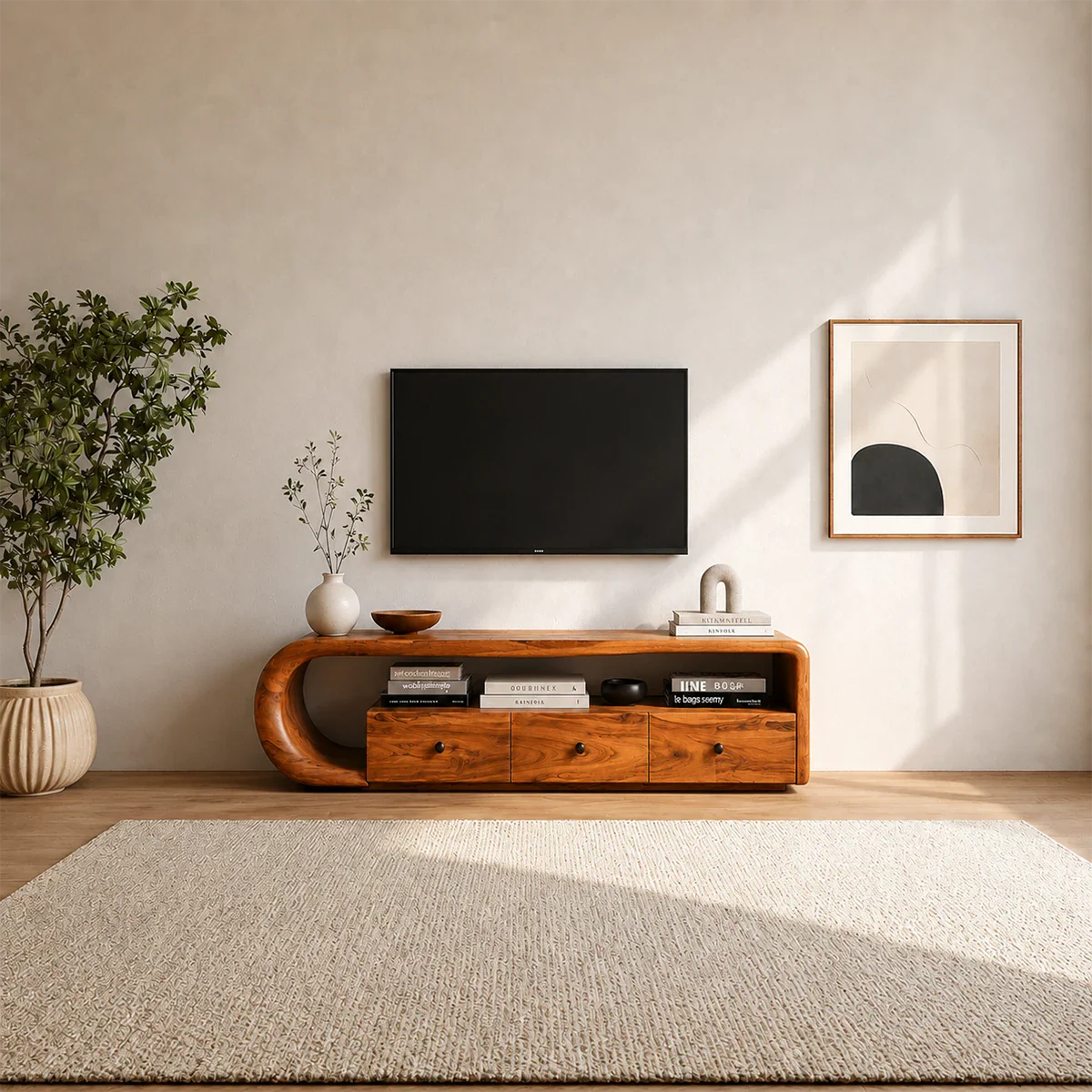 Curved Solid Wood TV Stand with Open Shelf and Drawer Storage Design