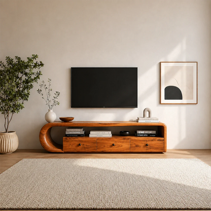 Curved Solid Wood TV Stand with Open Shelf and Drawer Storage Design
