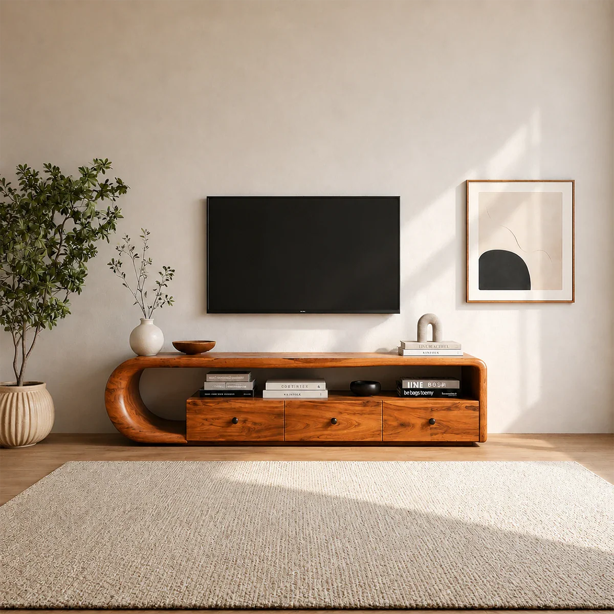 Curved Solid Wood TV Stand with Open Shelf and Drawer Storage Design
