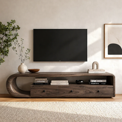 Architectural media cabinet designed with flowing curves and natural wood finish tones