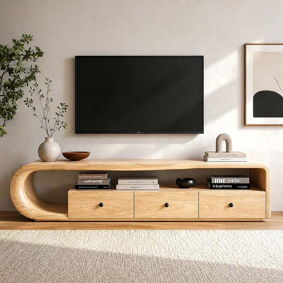 Sleek TV console table featuring spacious storage and natural wood finish texture