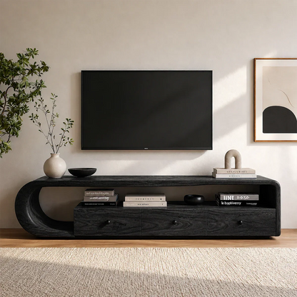Scandinavian entertainment stand with rounded frame and natural wood finish appeal