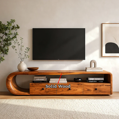 Modern living room media cabinet showcasing sculptural form and natural wood finish detail
