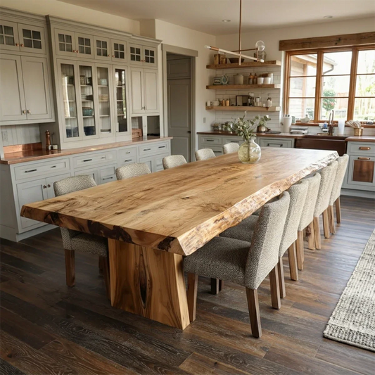 Large family kitchen styled with a custom live edge dining table in solid wood and natural texture