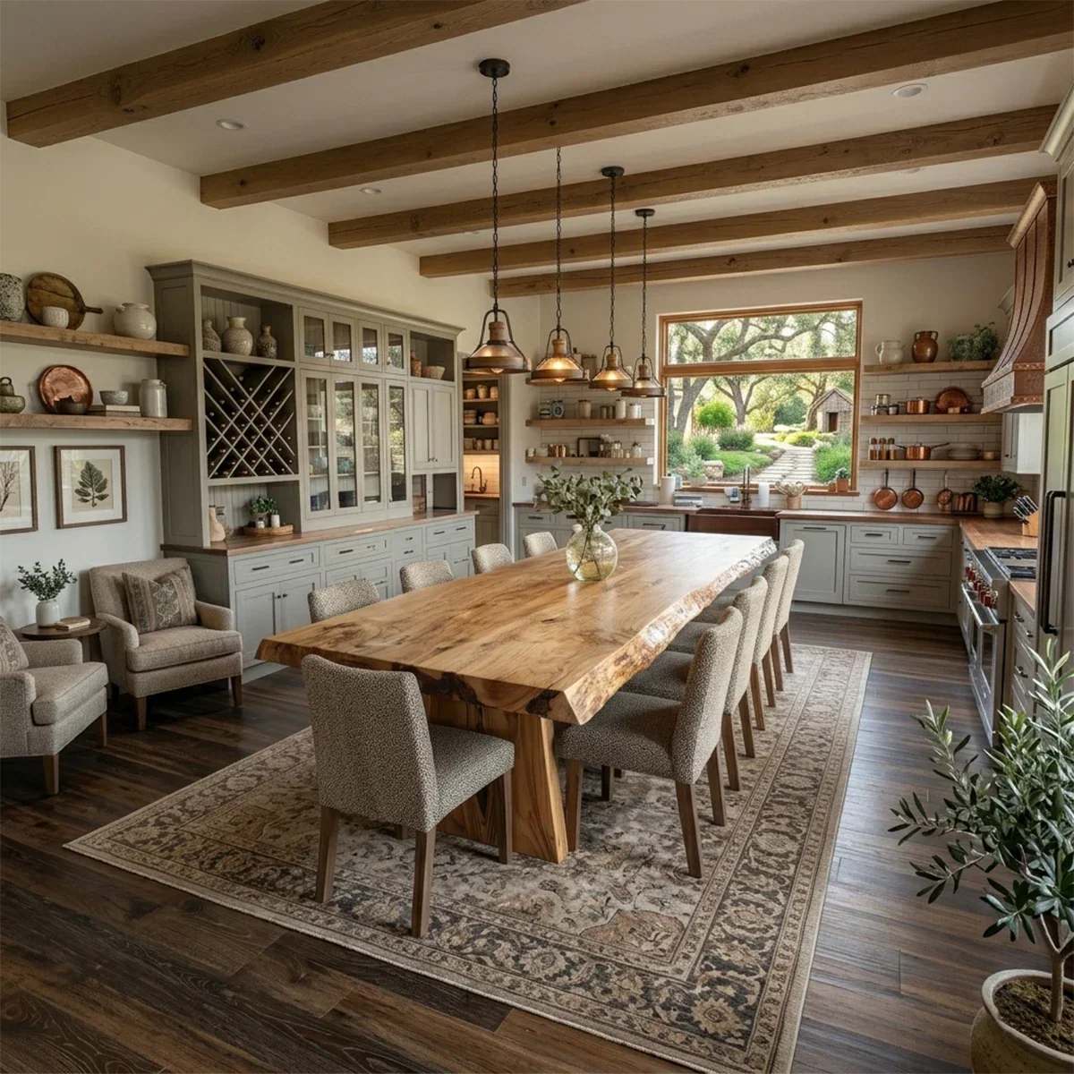 A spacious dining area featuring a handcrafted wood table with organic edges and warm tones